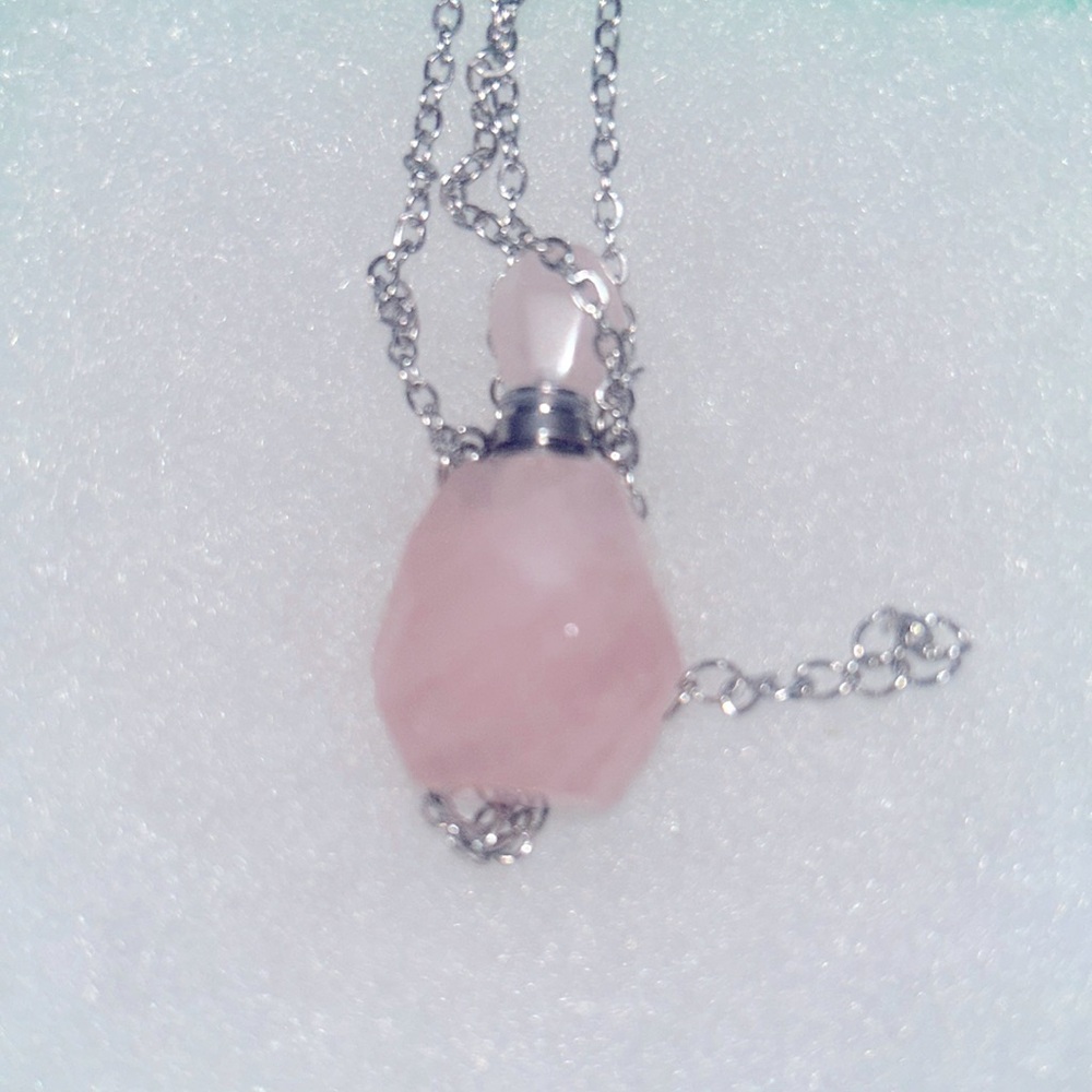 Rose Quartz Perfume bottle necklace 16-18”